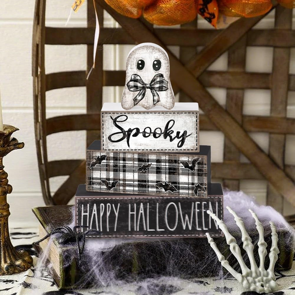 4Pcs Halloween Table Decoration Happy Halloween Ghost Wooden Block Sign