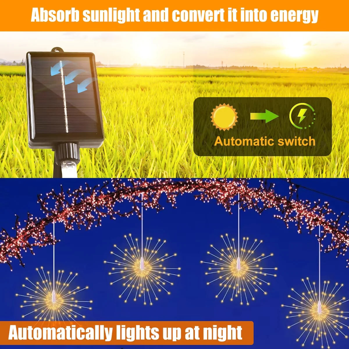 1PC Hanging Solar Firework Lights, 480LED Starburst Lights, Outdoor Waterproof String Lights, 8Modes,Christmas Halloween Decor