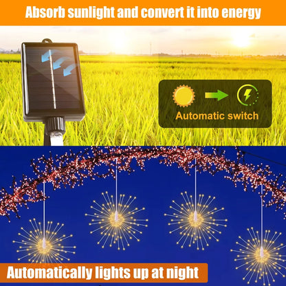 1PC Hanging Solar Firework Lights, 480LED Starburst Lights, Outdoor Waterproof String Lights, 8Modes,Christmas Halloween Decor