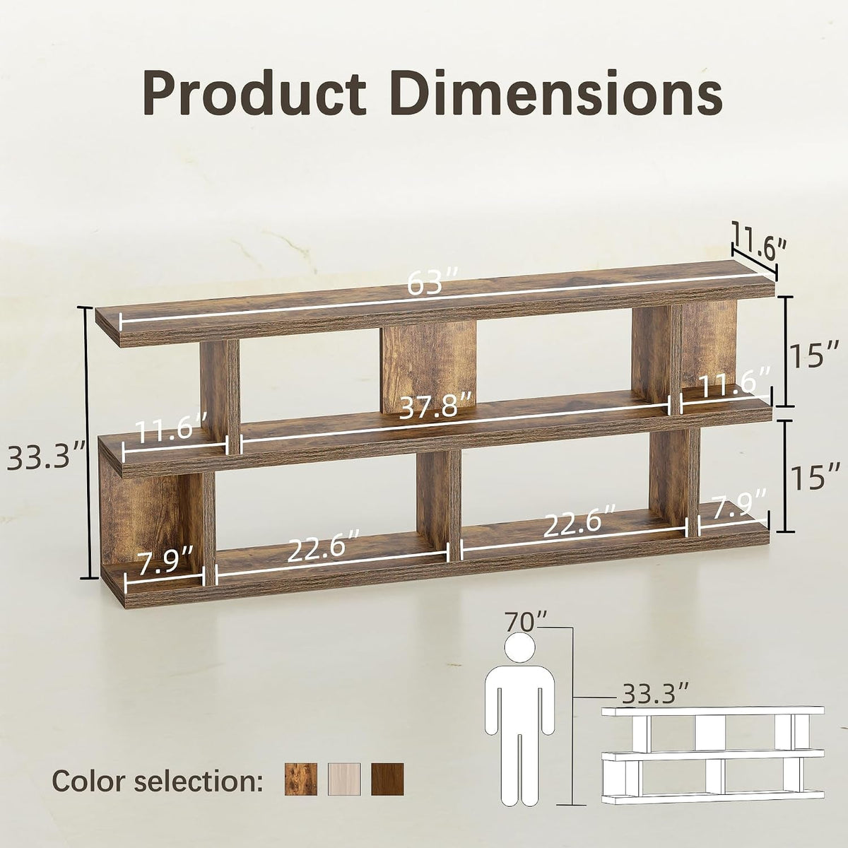 63 Inch Horizontal Thick Wooden Farmhouse Bookshelf