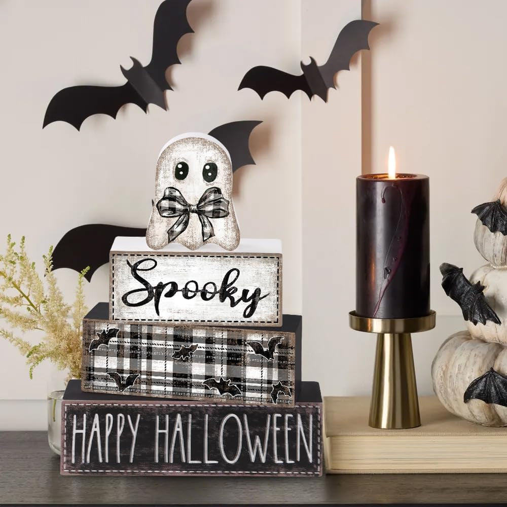 4Pcs Halloween Table Decoration Happy Halloween Ghost Wooden Block Sign