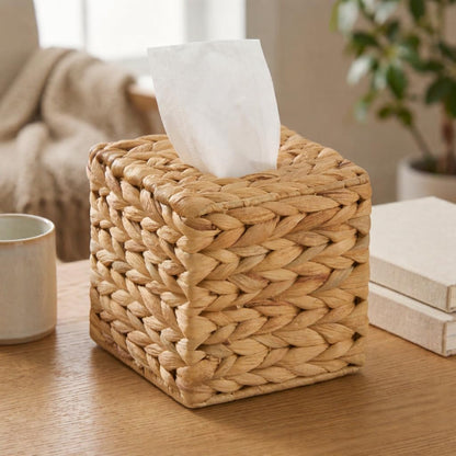 Water Hyacinth Handwoven Square Tissue Box Cover, Natural
