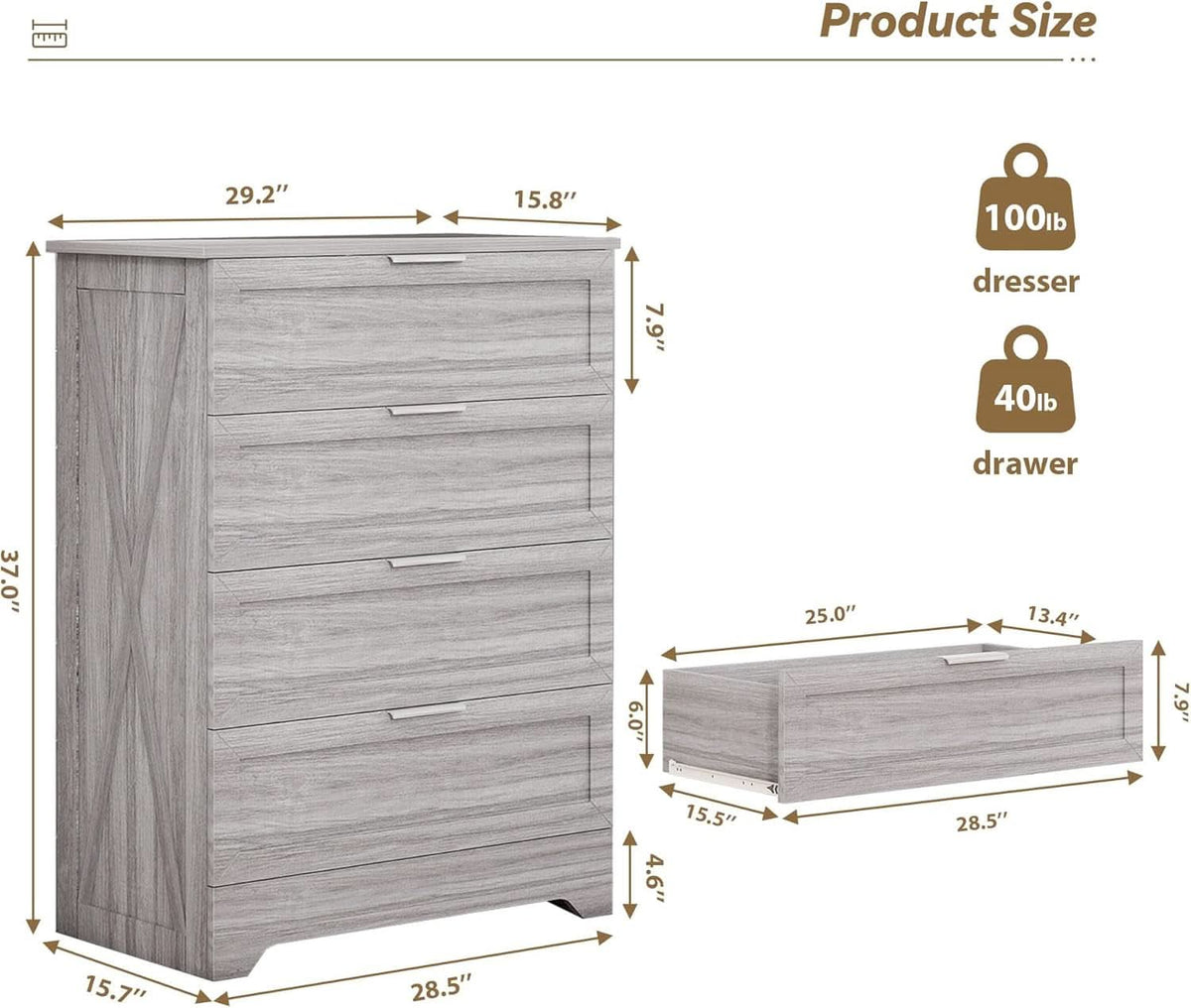 Washed Grey Farmhouse 4 Drawer Distinctive Dresser-1