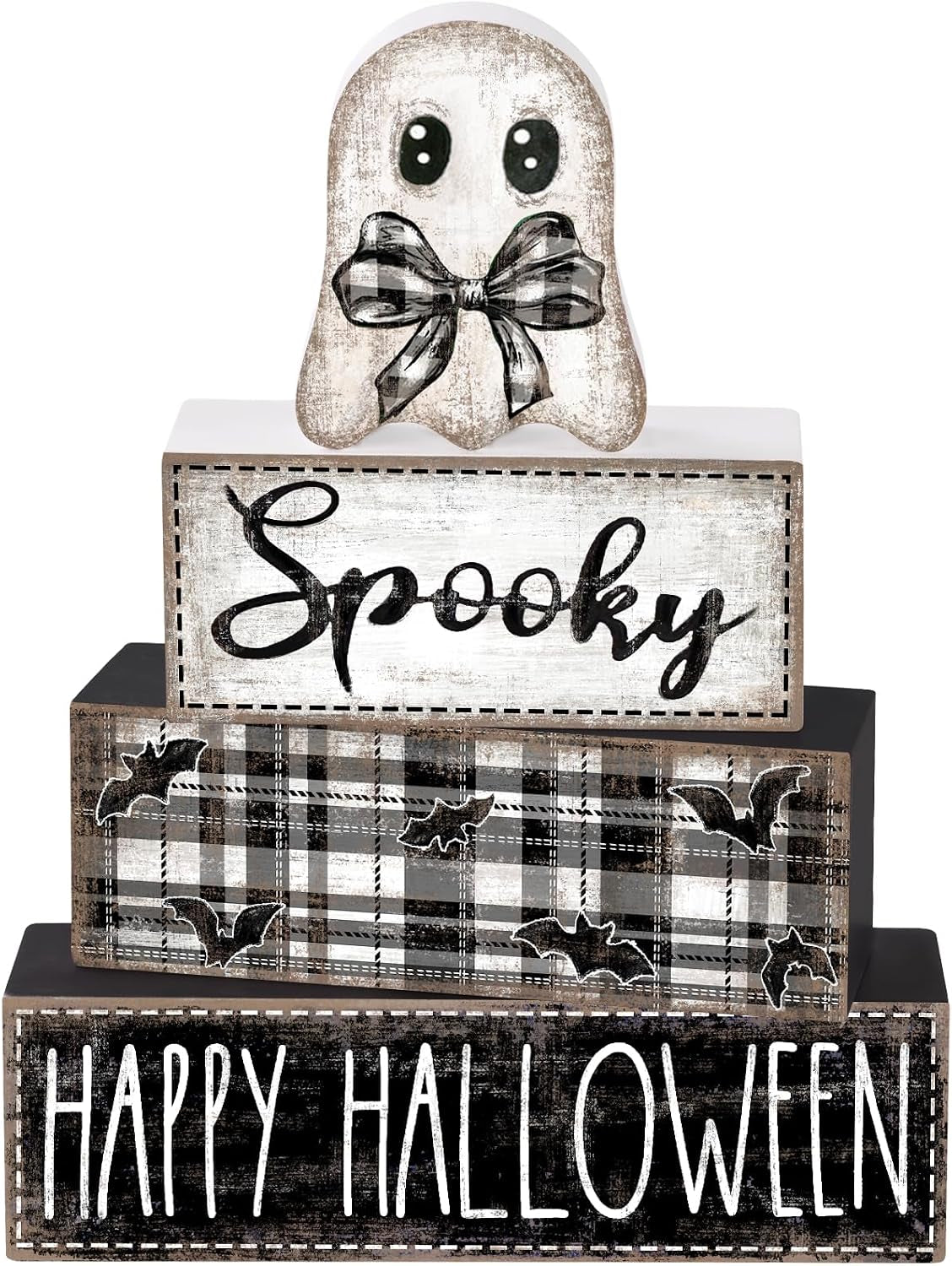 4Pcs Halloween Table Decoration Happy Halloween Ghost Wooden Block Sign
