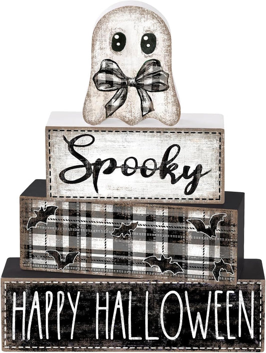 4Pcs Halloween Table Decoration Happy Halloween Ghost Wooden Block Sign