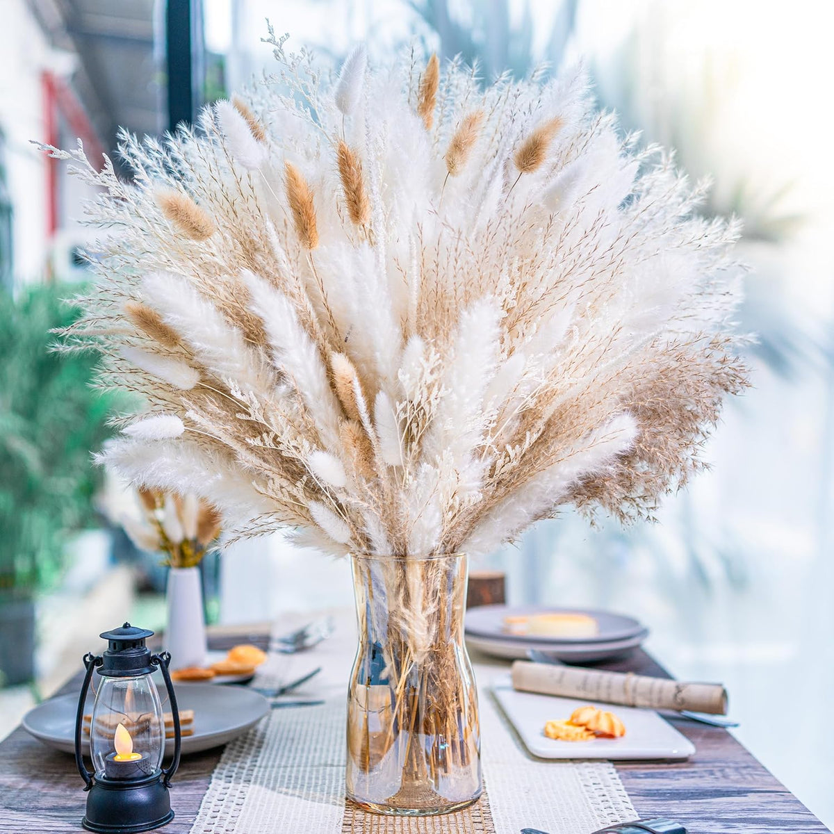 95 PCS Natural Pampas Grass Decor Bouquet | Boho Dried Floral Arrangement Centerpiece Table Decor Wedding Decor Rustic Decor, Natural, White, Beige (Fdm-B-01)