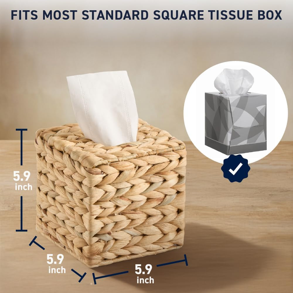 Water Hyacinth Handwoven Square Tissue Box Cover, Natural