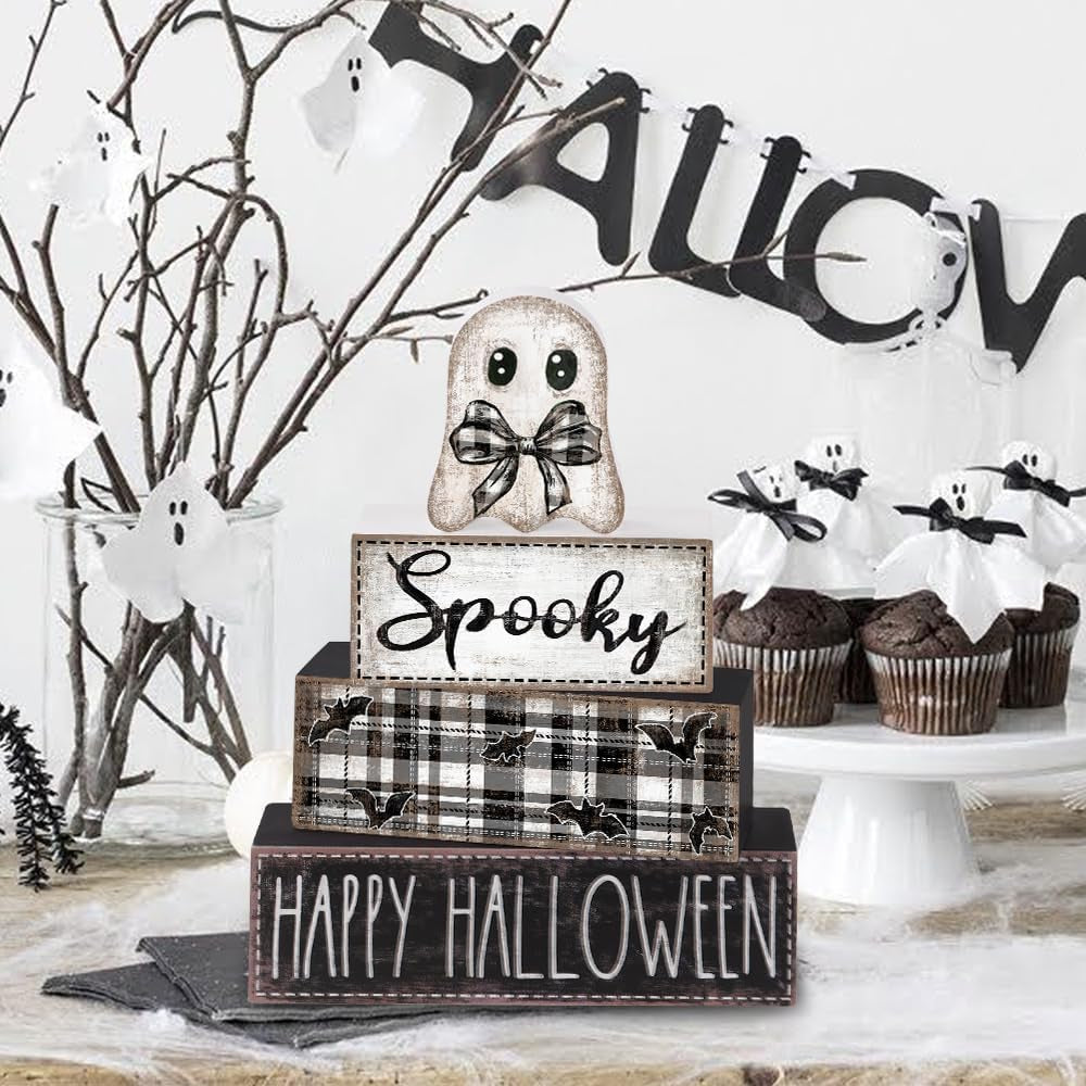 4Pcs Halloween Table Decoration Happy Halloween Ghost Wooden Block Sign