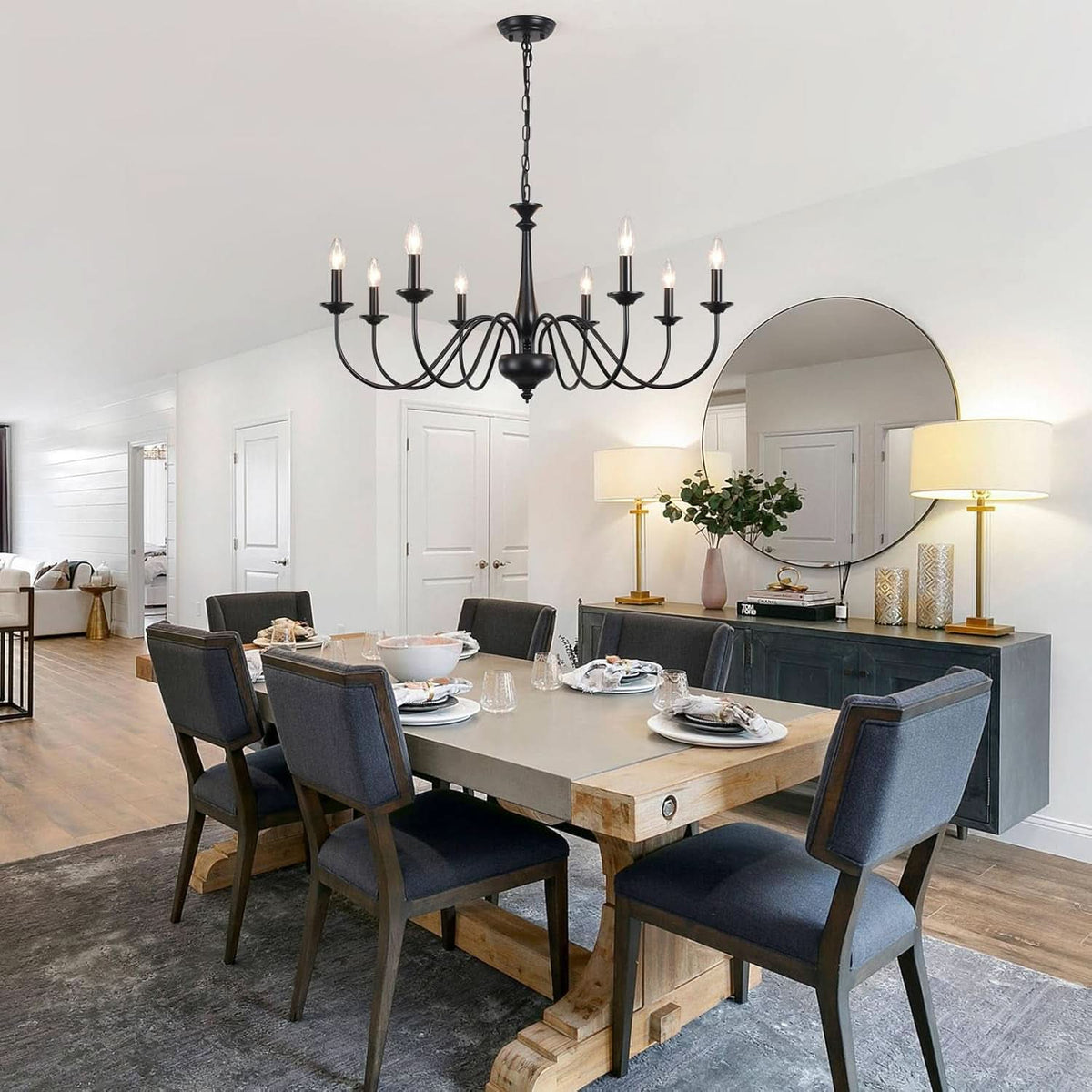 Eight Light Black Farmhouse Chandelier Ceiling Fixture