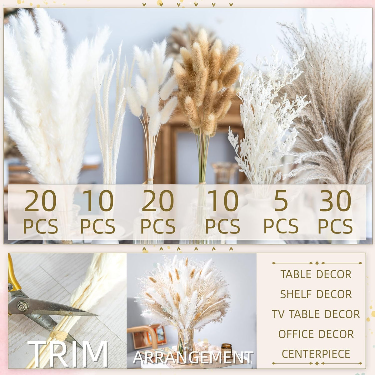 95 PCS Natural Pampas Grass Decor Bouquet | Boho Dried Floral Arrangement Centerpiece Table Decor Wedding Decor Rustic Decor, Natural, White, Beige (Fdm-B-01)