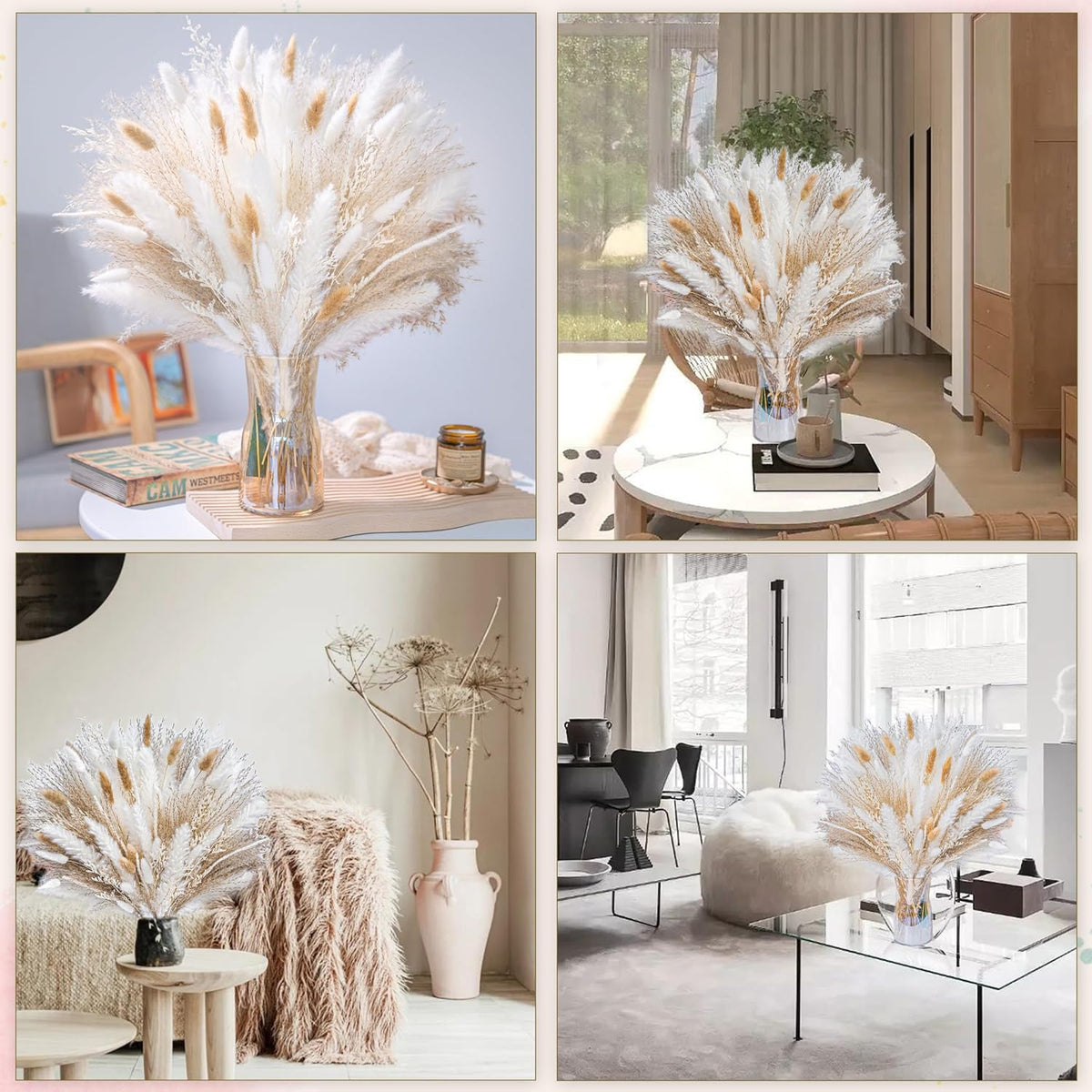 95 PCS Natural Pampas Grass Decor Bouquet | Boho Dried Floral Arrangement Centerpiece Table Decor Wedding Decor Rustic Decor, Natural, White, Beige (Fdm-B-01)