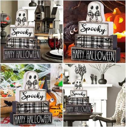 4Pcs Halloween Table Decoration Happy Halloween Ghost Wooden Block Sign