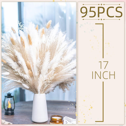 95 PCS Natural Pampas Grass Decor Bouquet | Boho Dried Floral Arrangement Centerpiece Table Decor Wedding Decor Rustic Decor, Natural, White, Beige (Fdm-B-01)