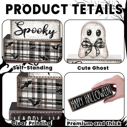 4Pcs Halloween Table Decoration Happy Halloween Ghost Wooden Block Sign