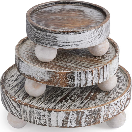 3PCS Wood Risers for Decor Mini Wooden Stool Display Stand with Removable Feet Farmhouse Rustic Decor Risers for Display Decorative Wood Pedestal Stand for Candles, Plants, Cups