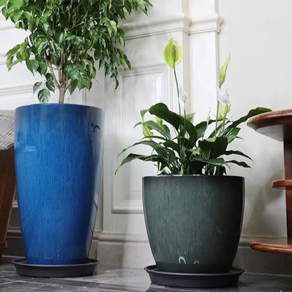 Deep Flower Pot Imitation Ceramic Plant Pot with Drainage Hole Resin Monstera Planter with Saucer for Home Garden Office Decor