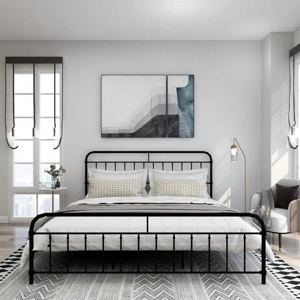 King size Black Metal Platform Bed Frame with Rounded Headboard Footboard