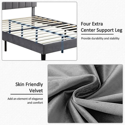 Queen size Dark Grey Upholstered Platform Bed Frame with Headboard