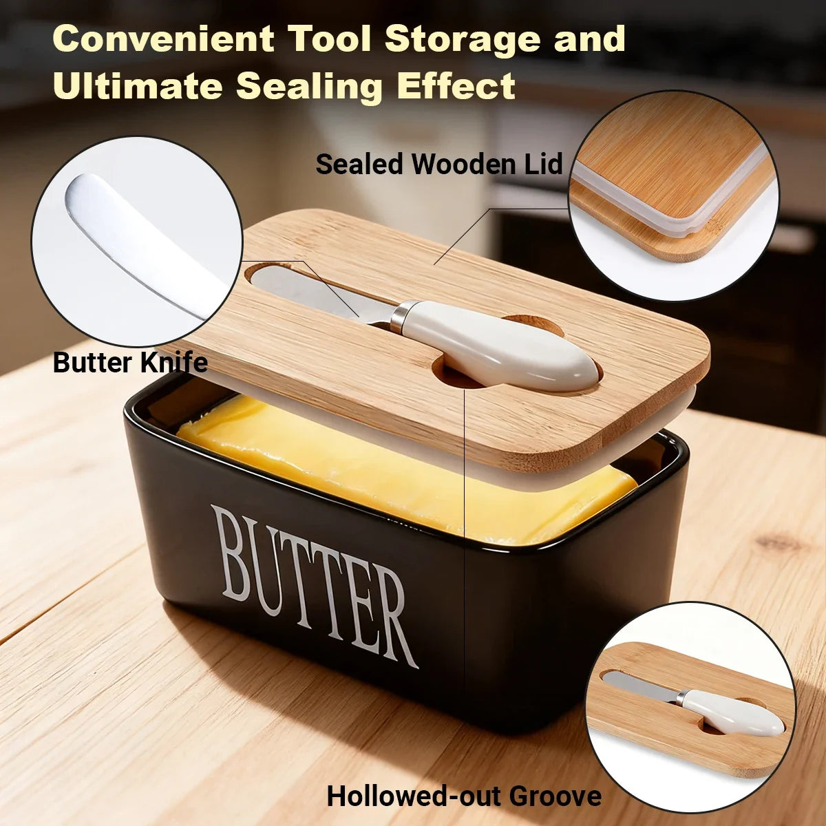 1 Set of Ceramic Butter Dish with Bamboo Lid and Built-In Knife Butter Keeper with Double Silicone Sealing Ring Kitchen