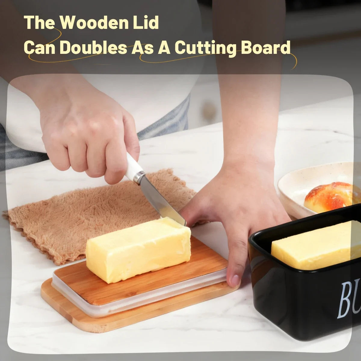 1 Set of Ceramic Butter Dish with Bamboo Lid and Built-In Knife Butter Keeper with Double Silicone Sealing Ring Kitchen