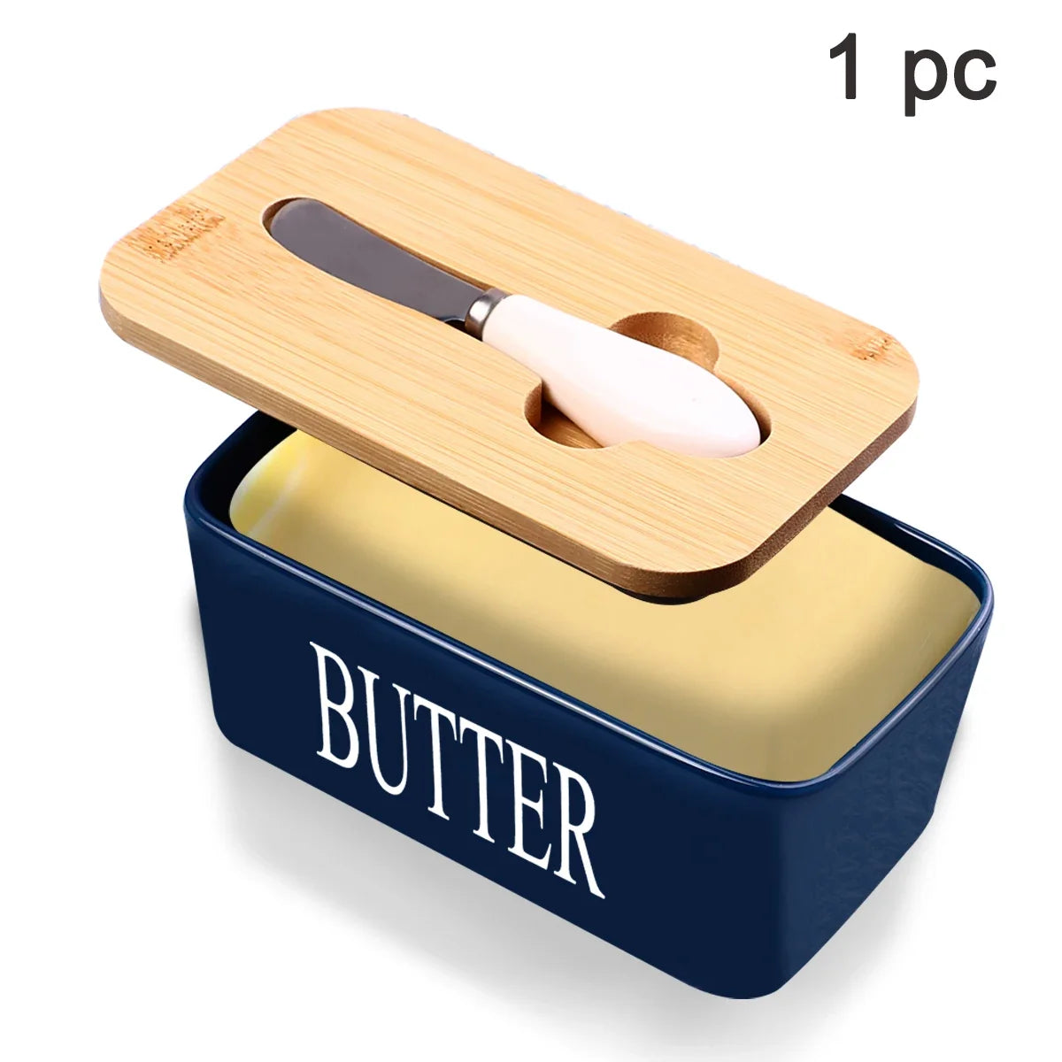 1 Set of Ceramic Butter Dish with Bamboo Lid and Built-In Knife Butter Keeper with Double Silicone Sealing Ring Kitchen