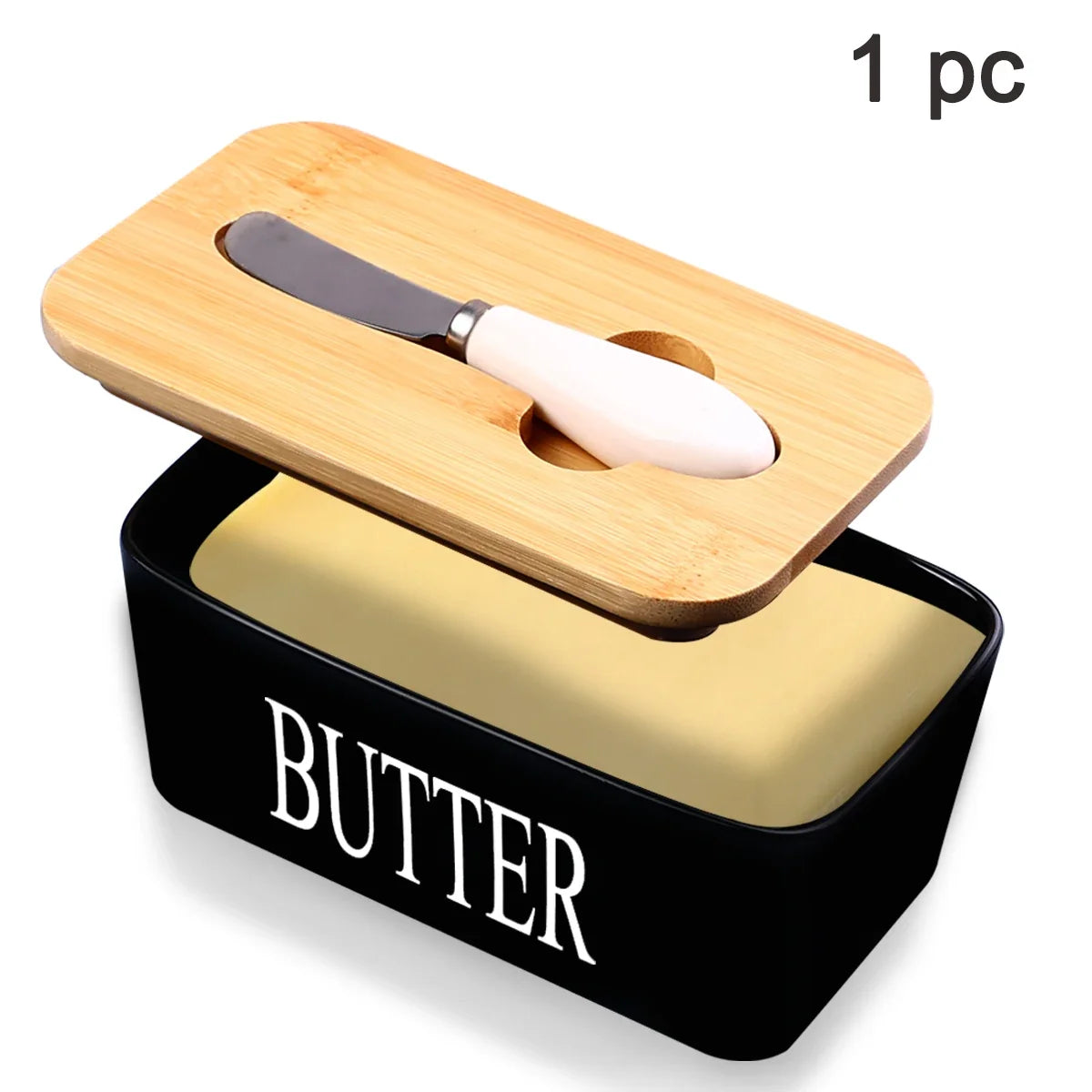 1 Set of Ceramic Butter Dish with Bamboo Lid and Built-In Knife Butter Keeper with Double Silicone Sealing Ring Kitchen