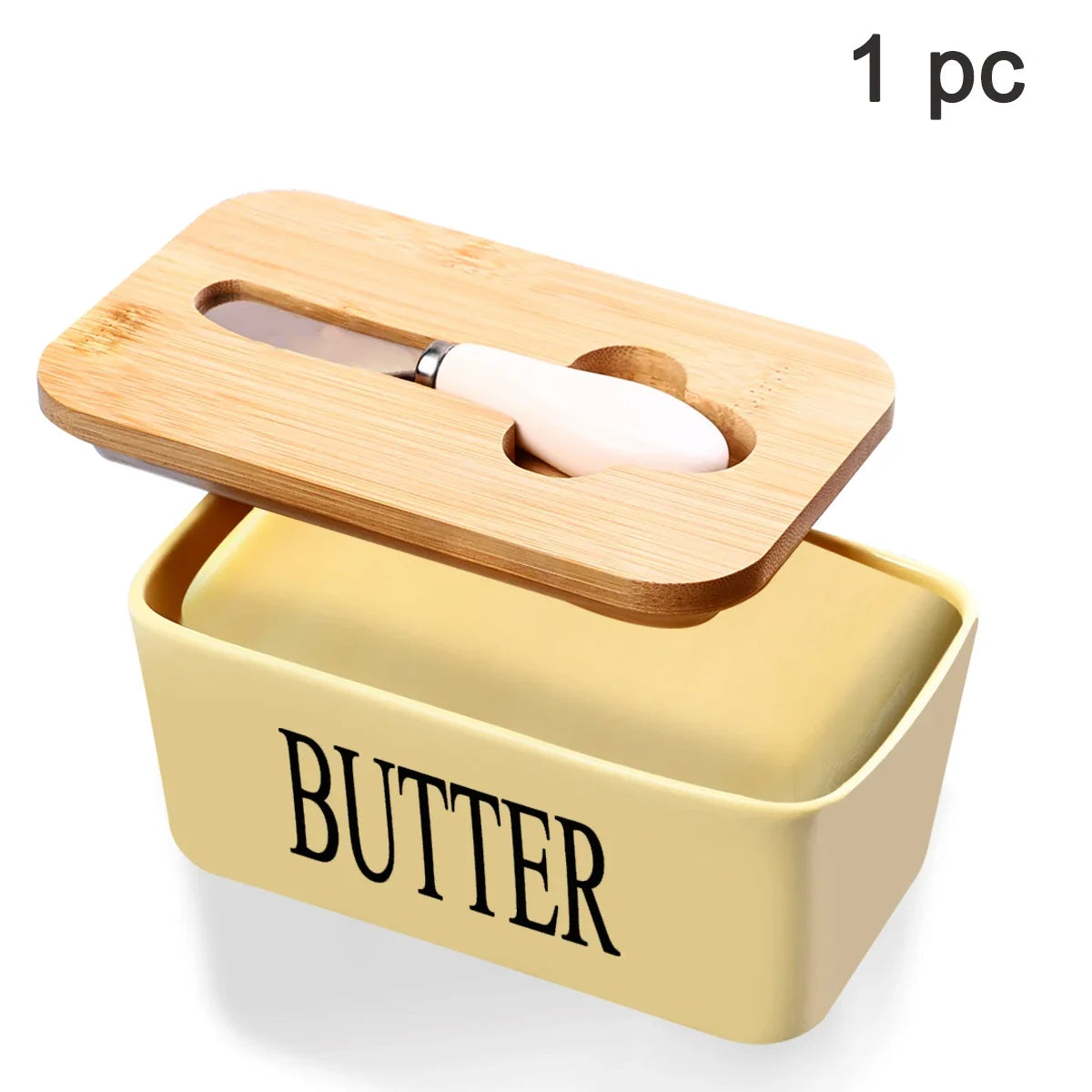 1 Set of Ceramic Butter Dish with Bamboo Lid and Built-In Knife Butter Keeper with Double Silicone Sealing Ring Kitchen