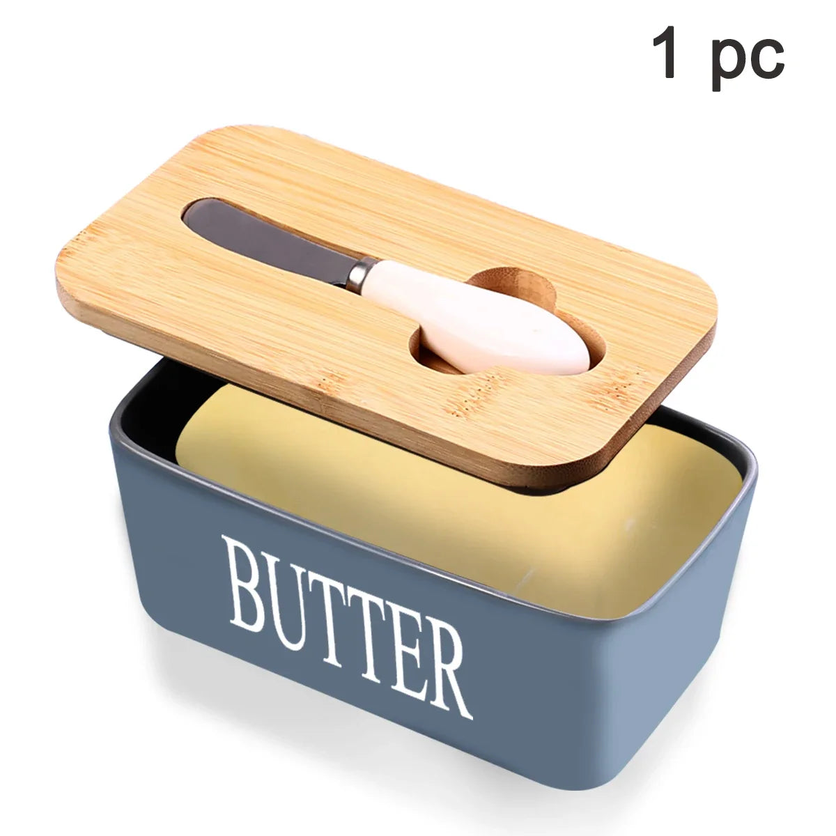 1 Set of Ceramic Butter Dish with Bamboo Lid and Built-In Knife Butter Keeper with Double Silicone Sealing Ring Kitchen