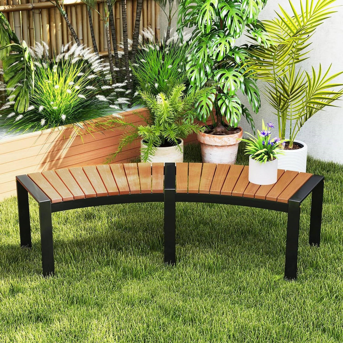 Set of 4 - Round Outdoor Metal Wood Backless Bench - Around Table Tree Fire Pit