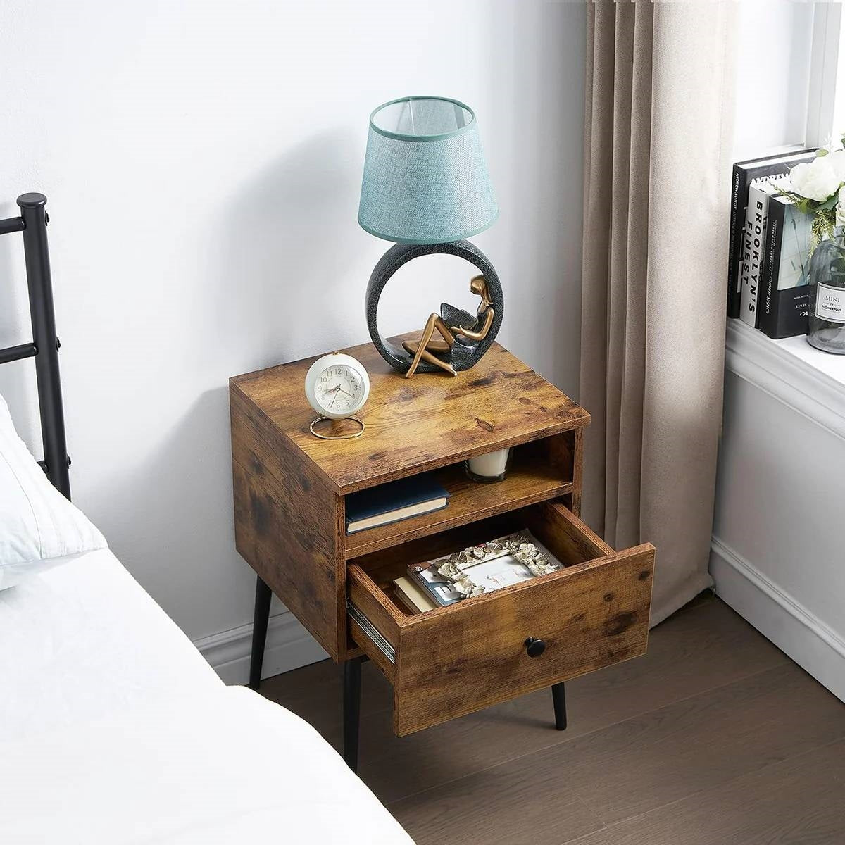 Set of 2 - Mid Century Modern Side Table Nightstand in Brown Black Wood Finish