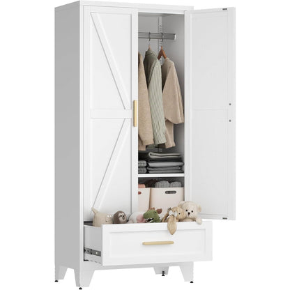 White 2-Door Wardrobe Armoire Cabinet with Storage Drawer and Hanging Rod