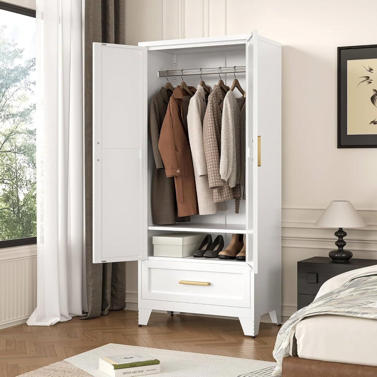 White 2-Door Wardrobe Armoire Cabinet with Storage Drawer and Hanging Rod