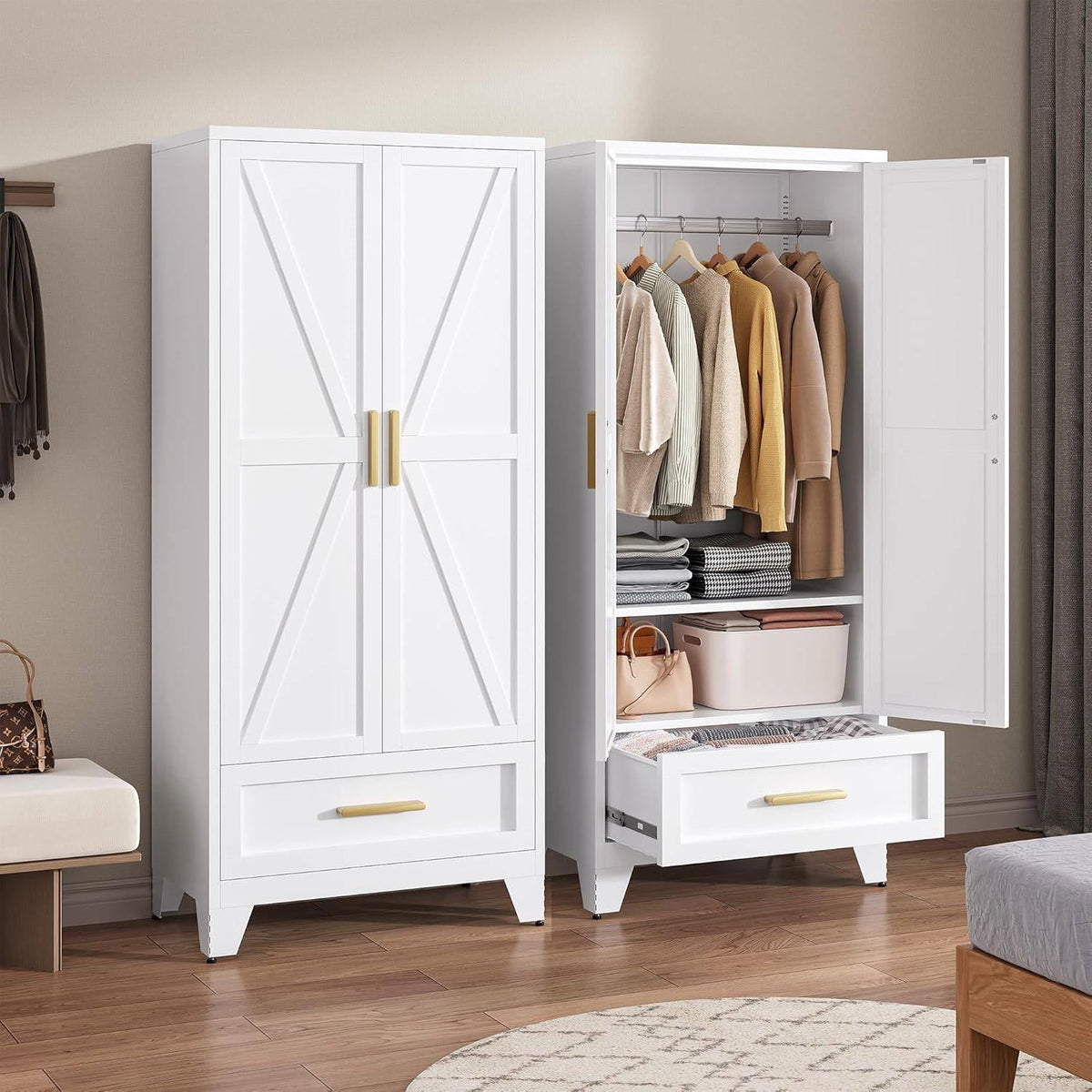 White 2-Door Wardrobe Armoire Cabinet with Storage Drawer and Hanging Rod