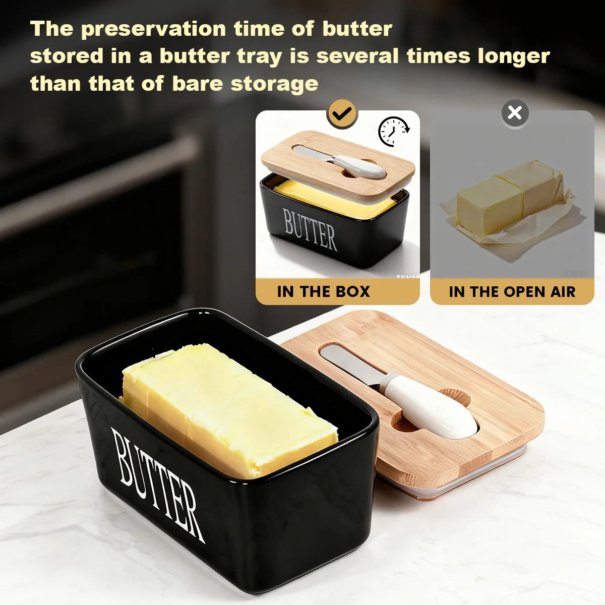 1 Set of Ceramic Butter Dish with Bamboo Lid and Built-In Knife Butter Keeper with Double Silicone Sealing Ring Kitchen