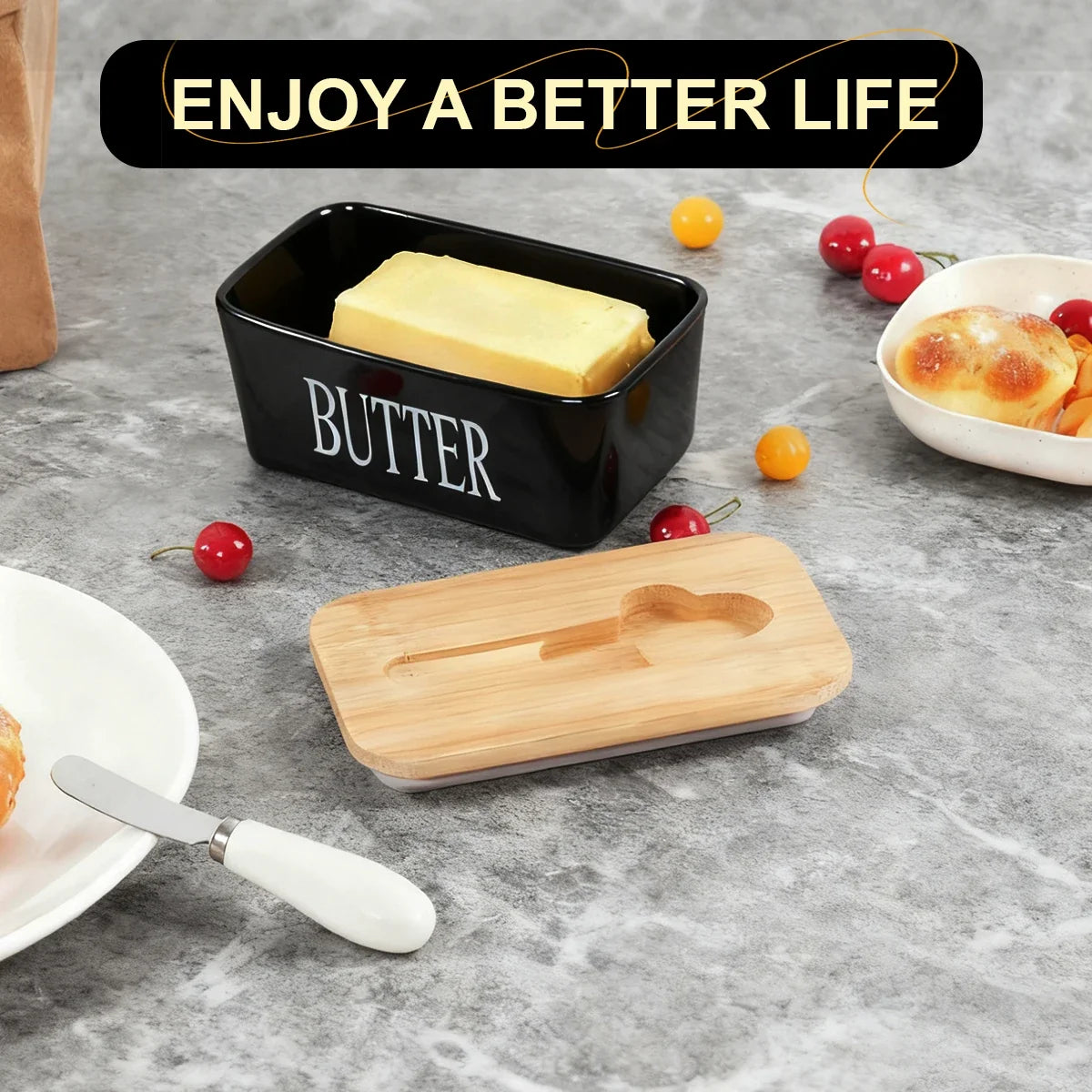 1 Set of Ceramic Butter Dish with Bamboo Lid and Built-In Knife Butter Keeper with Double Silicone Sealing Ring Kitchen