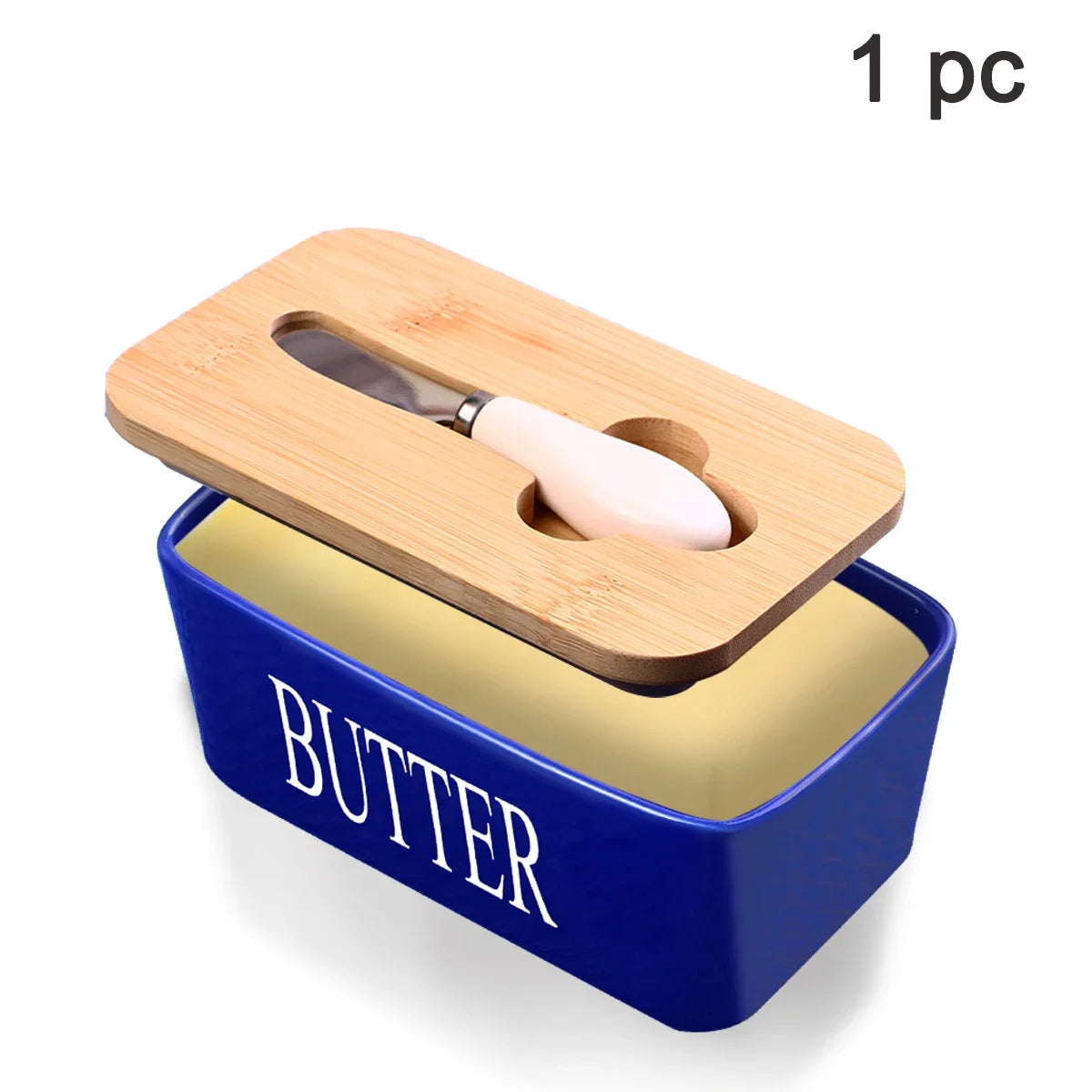 1 Set of Ceramic Butter Dish with Bamboo Lid and Built-In Knife Butter Keeper with Double Silicone Sealing Ring Kitchen