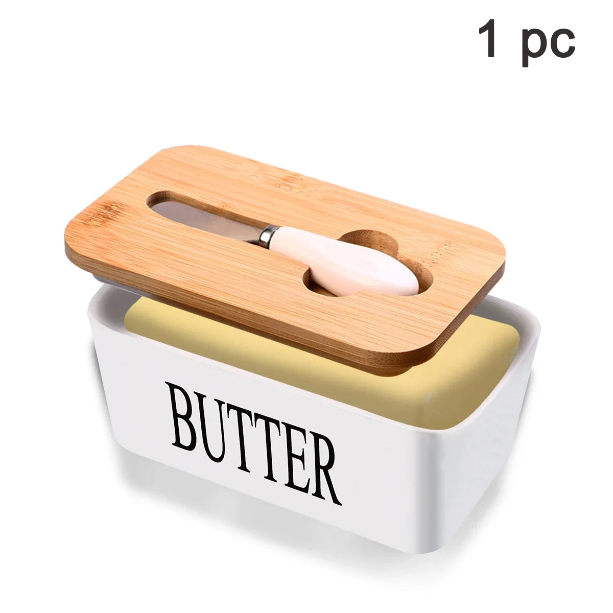 1 Set of Ceramic Butter Dish with Bamboo Lid and Built-In Knife Butter Keeper with Double Silicone Sealing Ring Kitchen