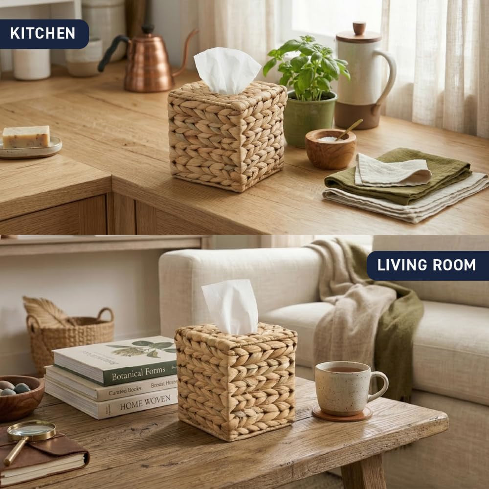 Water Hyacinth Handwoven Square Tissue Box Cover, Natural
