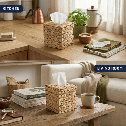 Water Hyacinth Handwoven Square Tissue Box Cover, Natural