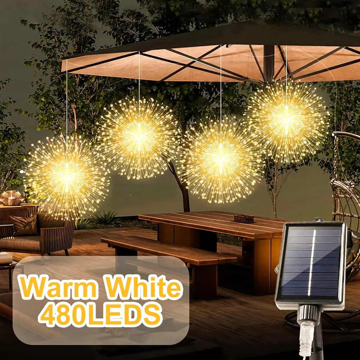 1PC Hanging Solar Firework Lights, 480LED Starburst Lights, Outdoor Waterproof String Lights, 8Modes,Christmas Halloween Decor