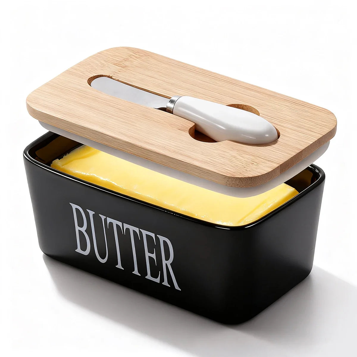 1 Set of Ceramic Butter Dish with Bamboo Lid and Built-In Knife Butter Keeper with Double Silicone Sealing Ring Kitchen