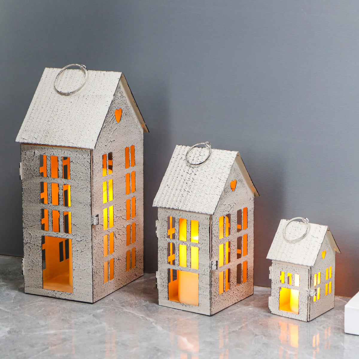 13.5"&9.5"&5.5"H Village Farmhouse House Candle Holders for Home Decor Patio Wedding