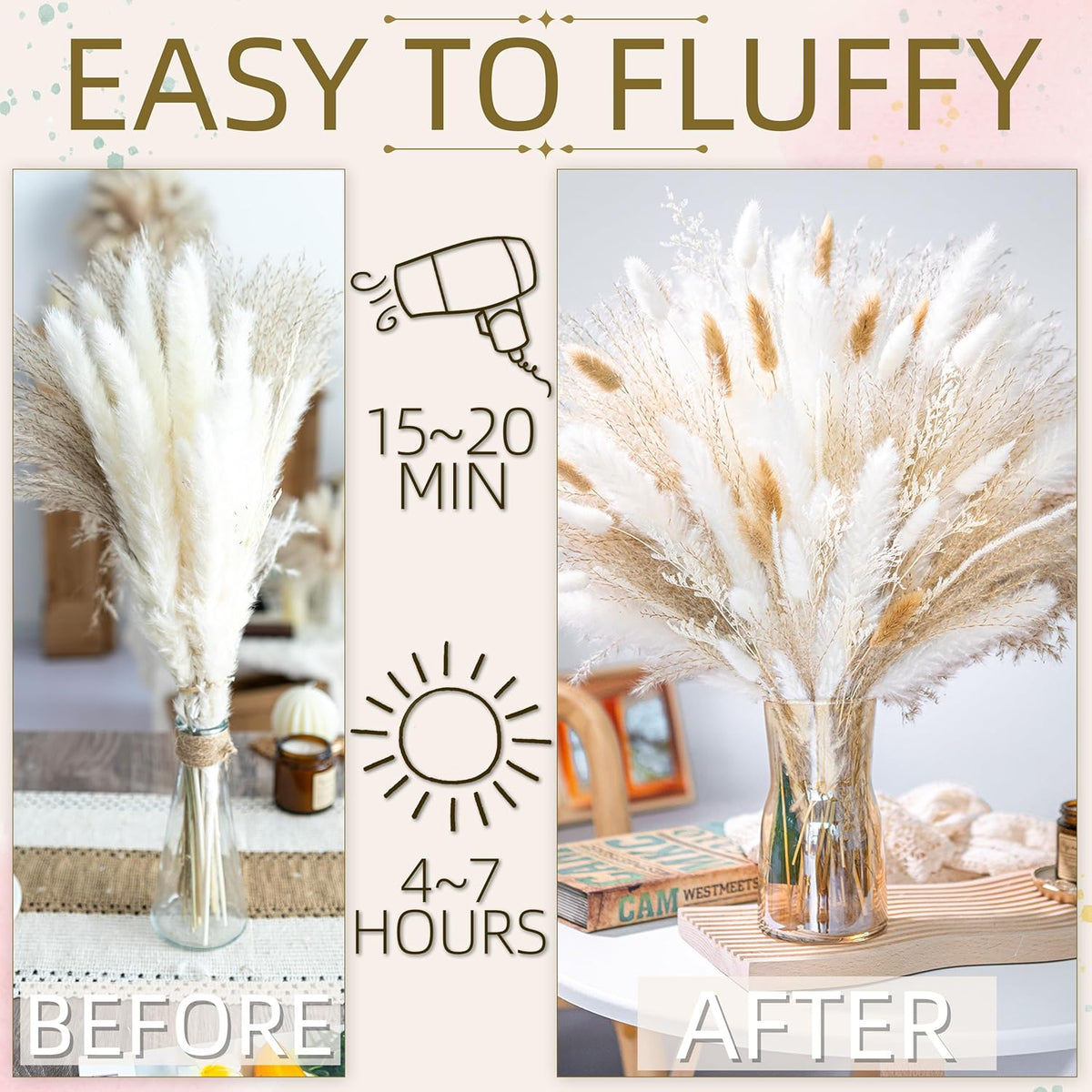 95 PCS Natural Pampas Grass Decor Bouquet | Boho Dried Floral Arrangement Centerpiece Table Decor Wedding Decor Rustic Decor, Natural, White, Beige (Fdm-B-01)