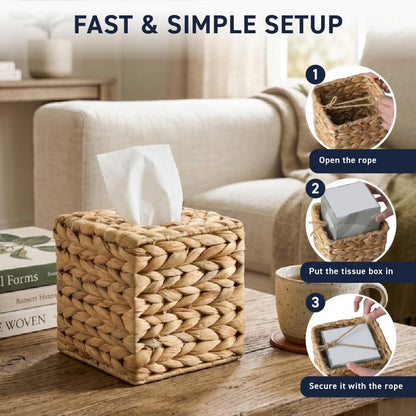 Water Hyacinth Handwoven Square Tissue Box Cover, Natural