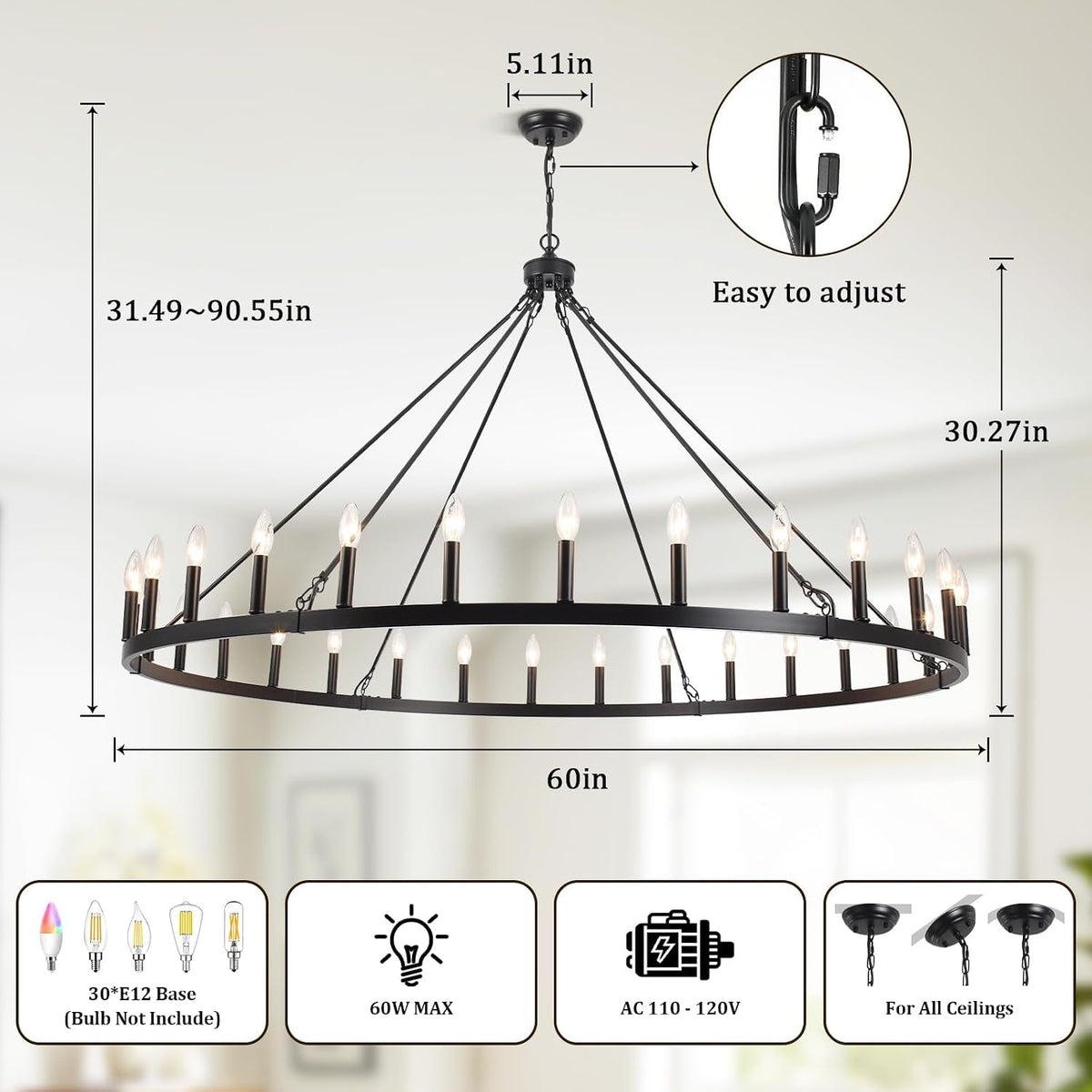Large Black Wagon Wheel Chandelier Farmhouse Style