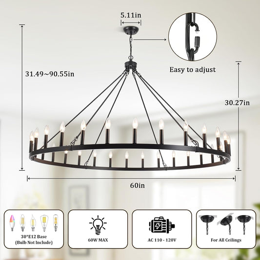 Large Black Wagon Wheel Chandelier Farmhouse Style