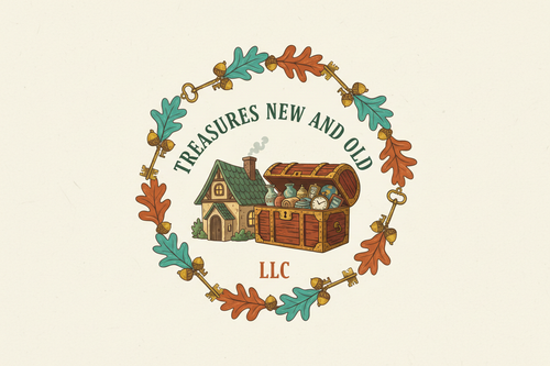 Treasures New and Old LLC Logo - Orange Trunk with Teal and Brown Accents